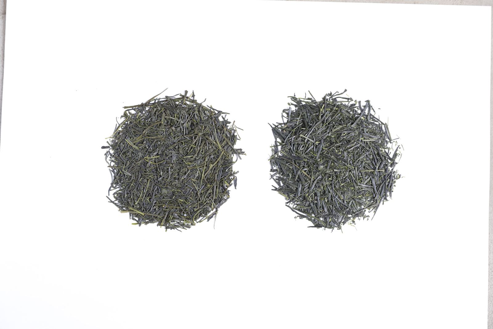 Two higher grade sencha piles compared side by side: about 2,000 yen and 3,000 to 3,500 yen per 100 grams, from left to right